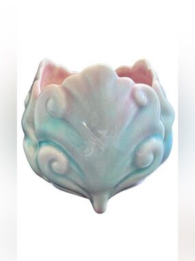 Vintage Pink Blue Majolica Seashell Footed Pottery Planter 3”